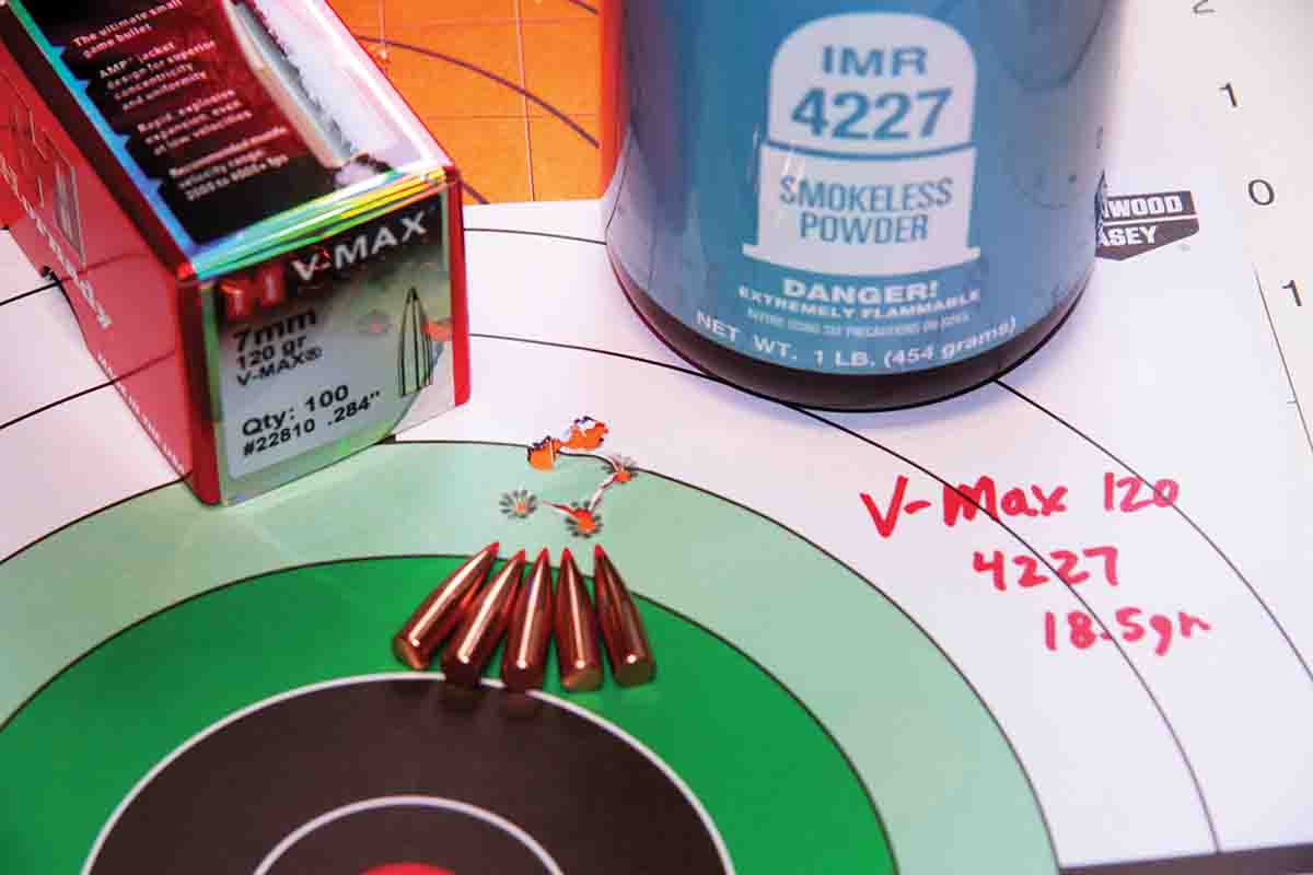 Venerable IMR-4227 proves compatible in many bottleneck pistol cartridges, the 7mm TCU included. Using 18.5 grains for 1,822 fps produced this impressive .5-MOA group at